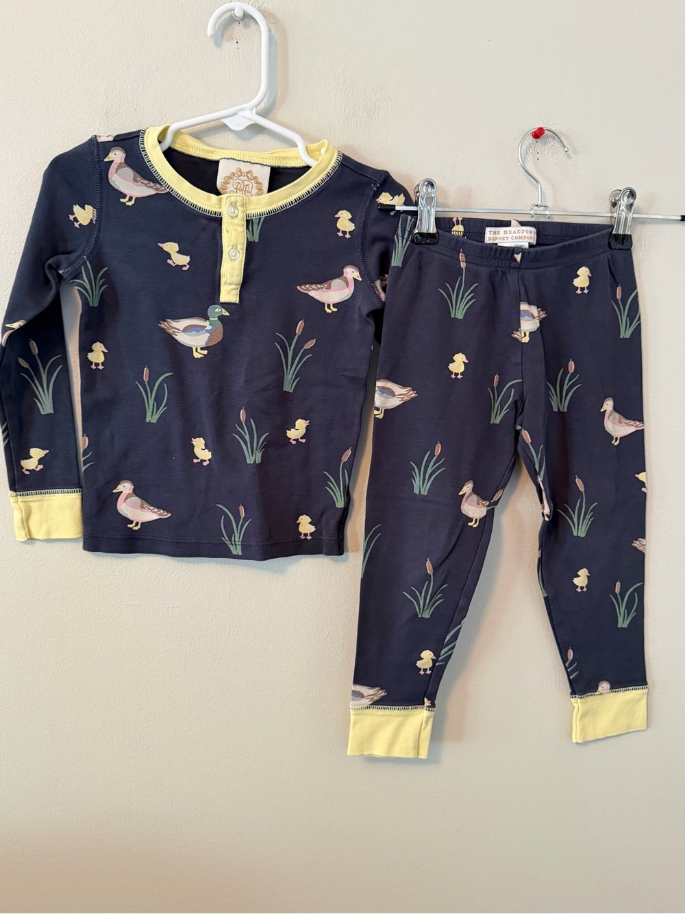The Beaufort Bonnet Company Navy Duck Print Pajama Set with Yellow Trim